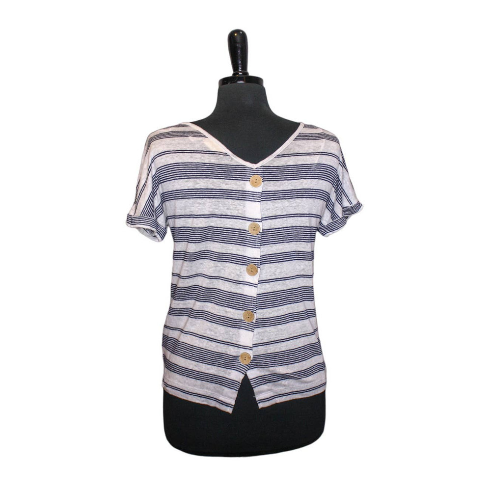 Christian Siriano New York Linen Top Short Sleeve Striped Blue White But… - Picture 2 of 3
